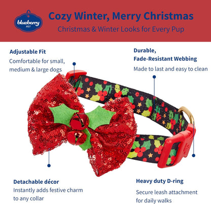 Christmas Holly Dog Collar with Bowtie, Adjustable 12"-16" Neck, Festive Collar for Small Dogs