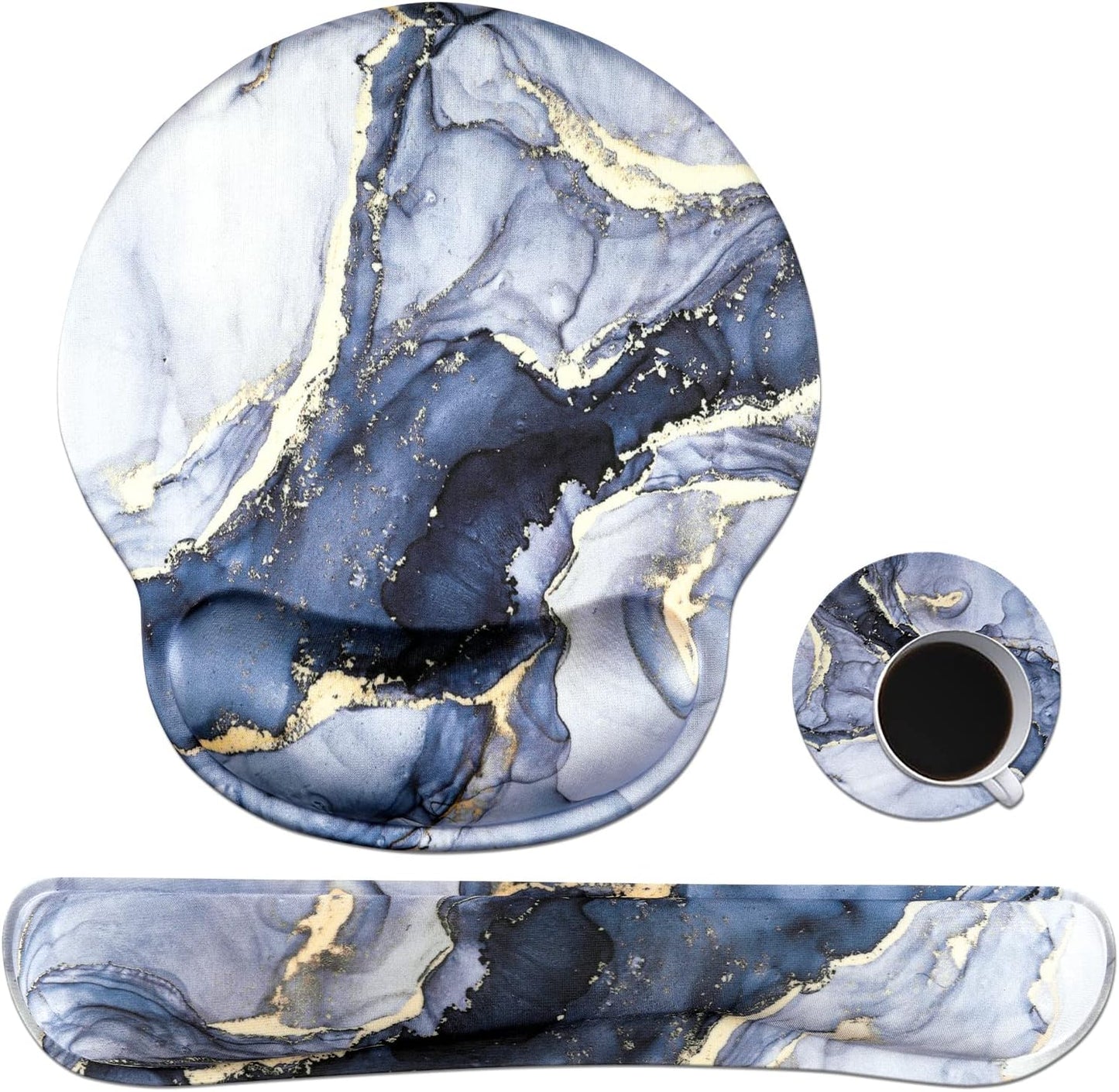 Ergonomic Dark Blue Marble Mouse Pad and Keyboard Wrist Rest Set with Non-Slip Base and Coasters for Enhanced Comfort and Pain Relief in Home and Office