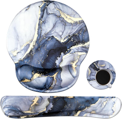 Ergonomic Dark Blue Marble Mouse Pad and Keyboard Wrist Rest Set with Non-Slip Base and Coasters for Enhanced Comfort and Pain Relief in Home and Office