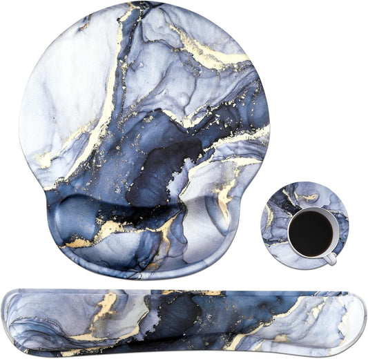 Ergonomic Dark Blue Marble Mouse Pad and Keyboard Wrist Rest Set with Non-Slip Base and Coasters for Enhanced Comfort and Pain Relief in Home and Office
