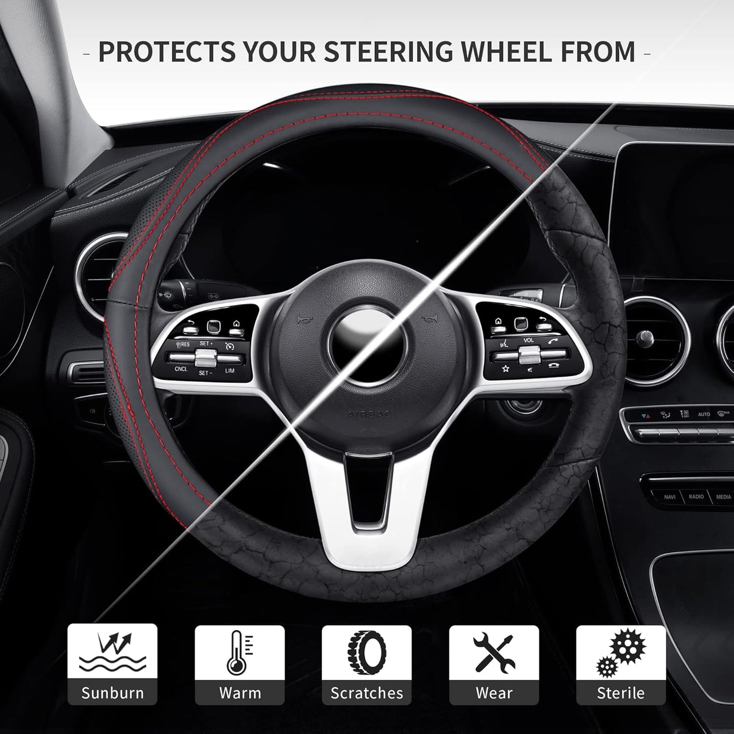 Microfiber Leather 15" Universal Fit Car Steering Wheel Cover, Elastic Breathable and Odorless, Black with Red Accent
