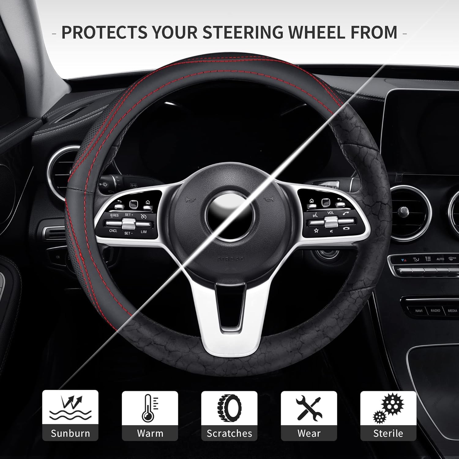 Microfiber Leather 15" Universal Fit Car Steering Wheel Cover, Elastic Breathable and Odorless, Black with Red Accent