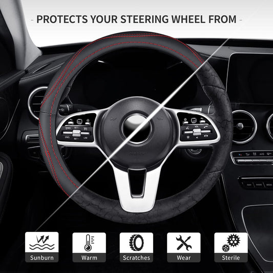 Microfiber Leather 15" Universal Fit Car Steering Wheel Cover, Elastic Breathable and Odorless, Black with Red Accent
