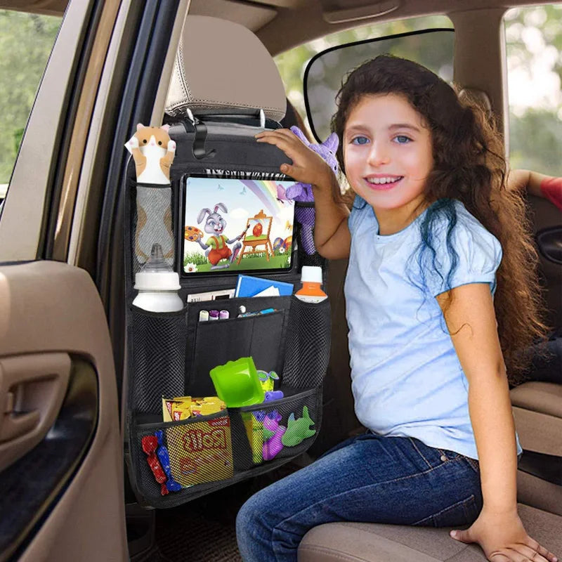 Car Back Seat Organizer with Touchscreen Tablet Holder and Automatic Storage Compartment for Travel