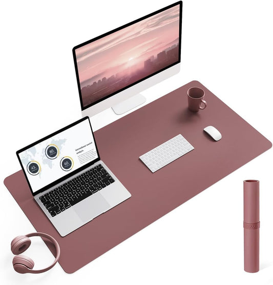 Large Non-Slip Leather Desk Pad – Waterproof Laptop and Keyboard Mat, Table Protector Blotter, Ideal for Office, Home, and Decor (Dark Pink, 35.4" x 17")