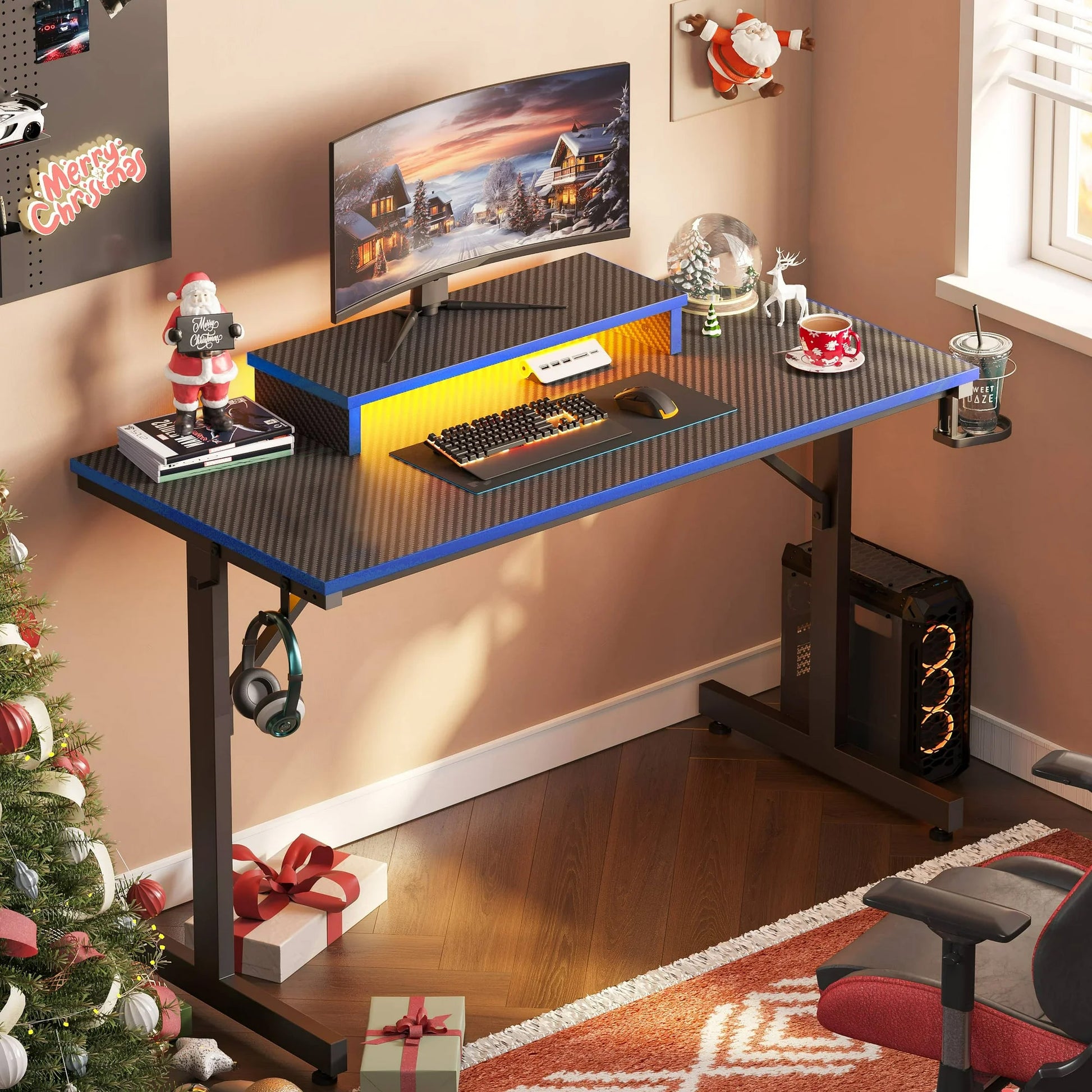 42-Inch Gaming Desk with LED Lights, Monitor Stand, Hook, and Cup Holder in Blue