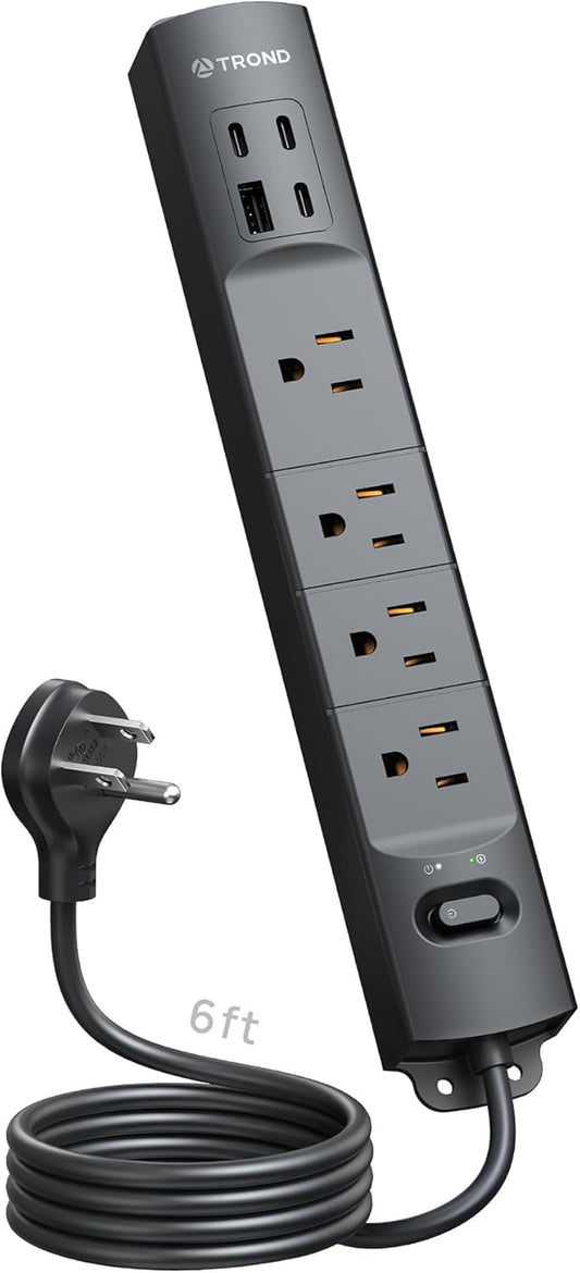 Ultra-Thin Surge Protector Power Strip with 6ft Extension Cord, 3 USB Ports, 1 Type C, 4 AC Outlets, and 1440J Surge Protection for Home, Office, and Dorm Room - Black