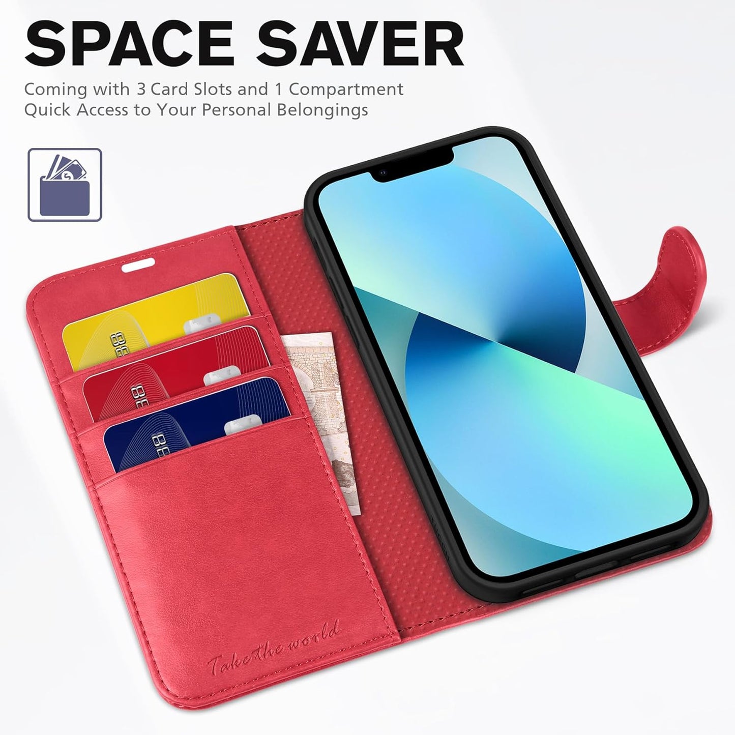 iPhone 13 6.1-Inch Wallet Case with RFID Blocking, Card Slots, Shockproof TPU Interior, PU Leather Magnetic Flip Cover - Red