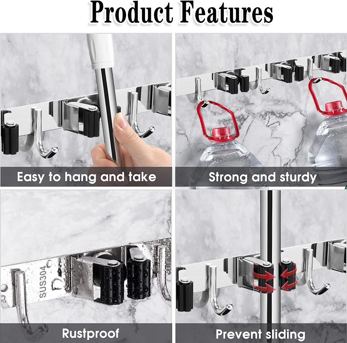 Heavy-Duty Stainless Steel Wall-Mounted Broom Holder with 5 Holders and 4 Hooks, Nail Installation and Self-Adhesive Storage Solutions