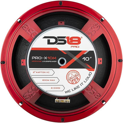PRO-X10M 10" Midrange Loudspeaker with Red Steel Basket - 600W Max, 300W RMS, 8 Ohms - Premium Audio Door Speaker for Car or Truck Stereo Systems