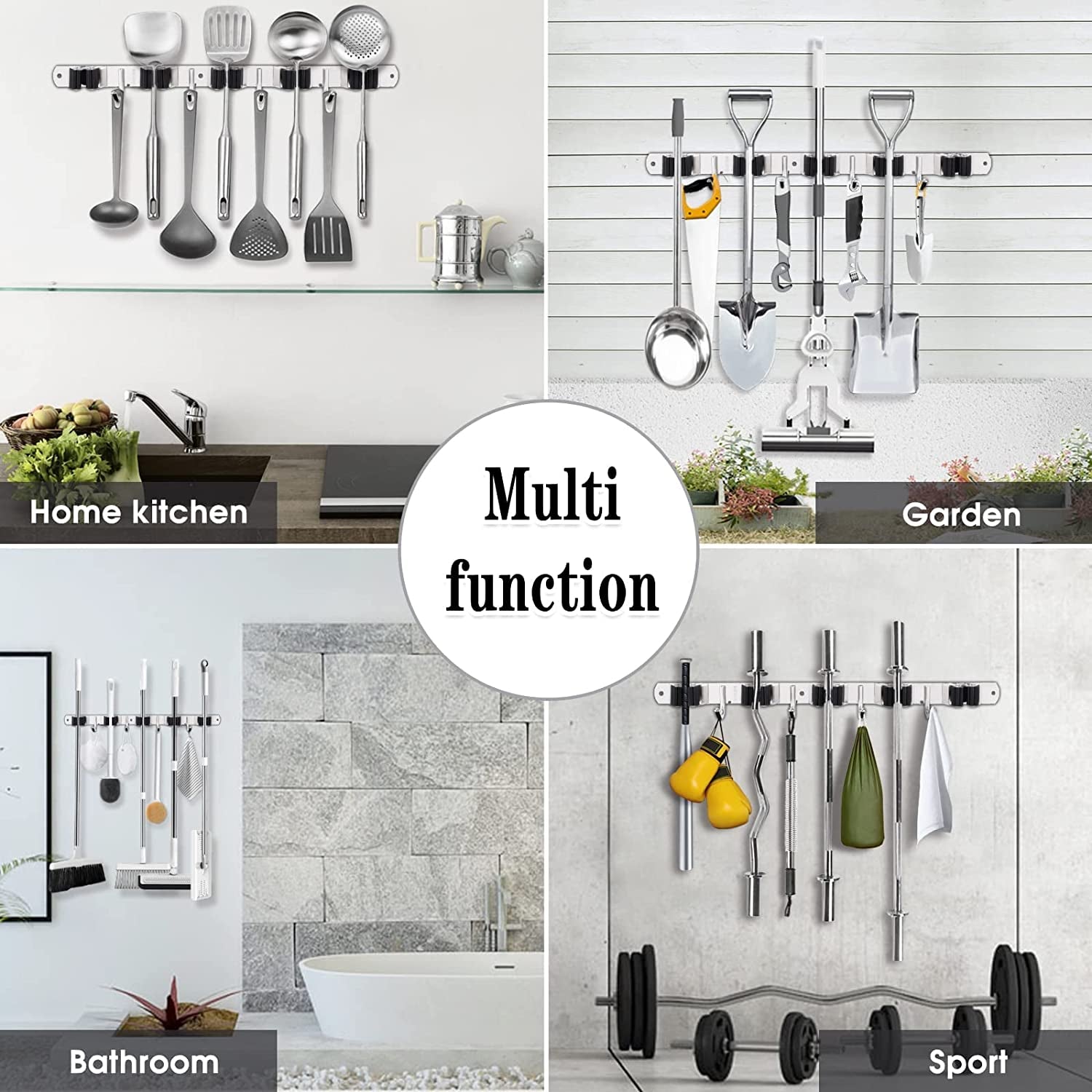 Heavy-Duty Stainless Steel Wall-Mounted Broom Holder with 5 Holders and 4 Hooks, Nail Installation and Self-Adhesive Storage Solutions