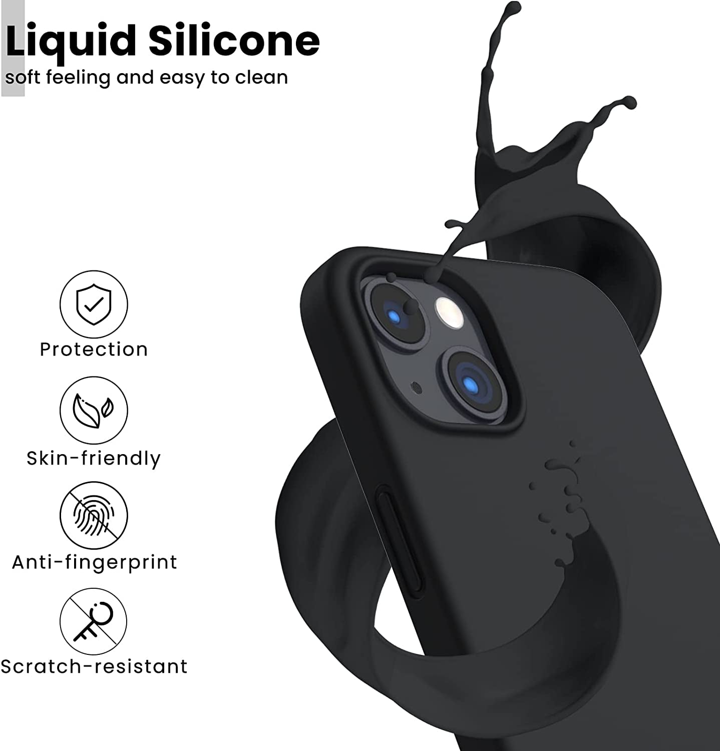 Shockproof Liquid Silicone Case for iPhone 13 - Gel Rubber Anti-Shock Cover with Drop Protection, 6.1 Inches, Black