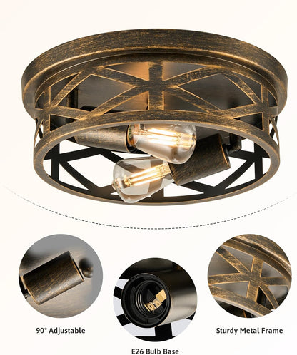 Flush Mount Ceiling Lights, 2-Light Hallway Lighting Fixtures, 11-Inch Farmhouse Metal Cage Design for Entryway and Kitchen, Adjustable Lamp Holders, ETL Certified, Set of 2, Oil-Rubbed Bronze Finish