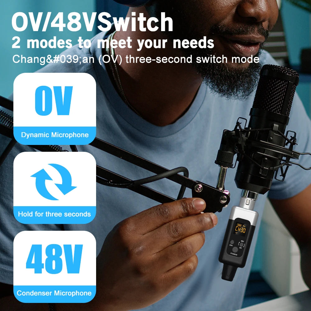 48V UHF Wireless Microphone Converter XLR Transmitter and Receiver System for All Microphones