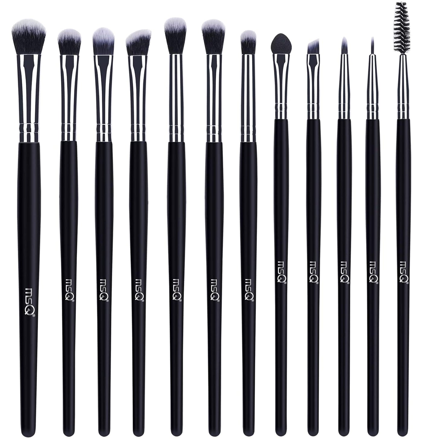 12-Piece Professional Eye Makeup Brush Set with Soft Synthetic Bristles and Extended Wooden Handles for Eyeshadow, Eyeliner, Eyebrow, Blending, and Concealer (Black)