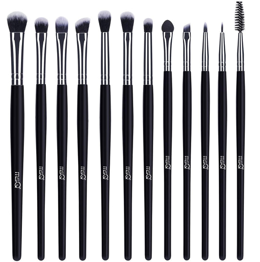 12-Piece Professional Eye Makeup Brush Set with Soft Synthetic Bristles and Extended Wooden Handles for Eyeshadow, Eyeliner, Eyebrow, Blending, and Concealer (Black)
