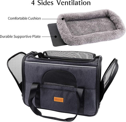 Portable Cat and Small Dog Carrier Bag, Foldable Soft-Sided Transport Carrier, Airline-Approved with Shoulder Strap, Removable Mat, and Pet Bowl