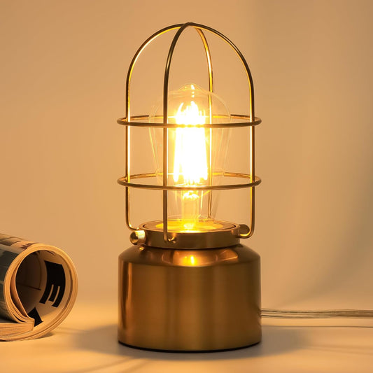 Dimmable Industrial Gold Table Lamp for Compact Spaces - Steampunk Antique Nightstand and Desk Light for Bedroom and Living Room (Bulb Included)