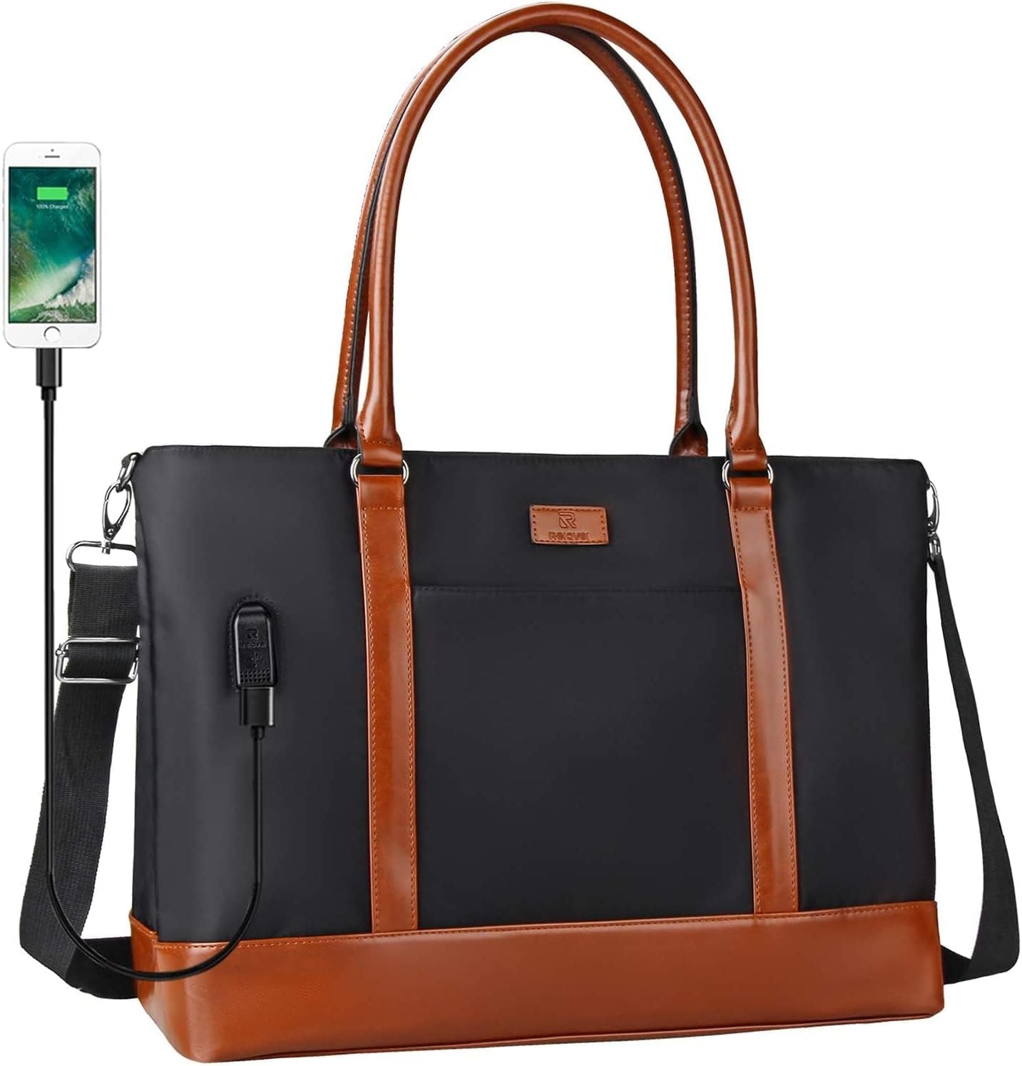 Women's Laptop Tote Bag - USB-Compatible, Large Work Purse for 17.3" Laptops, Lightweight Waterproof Shoulder/Messenger Bag (Black)
