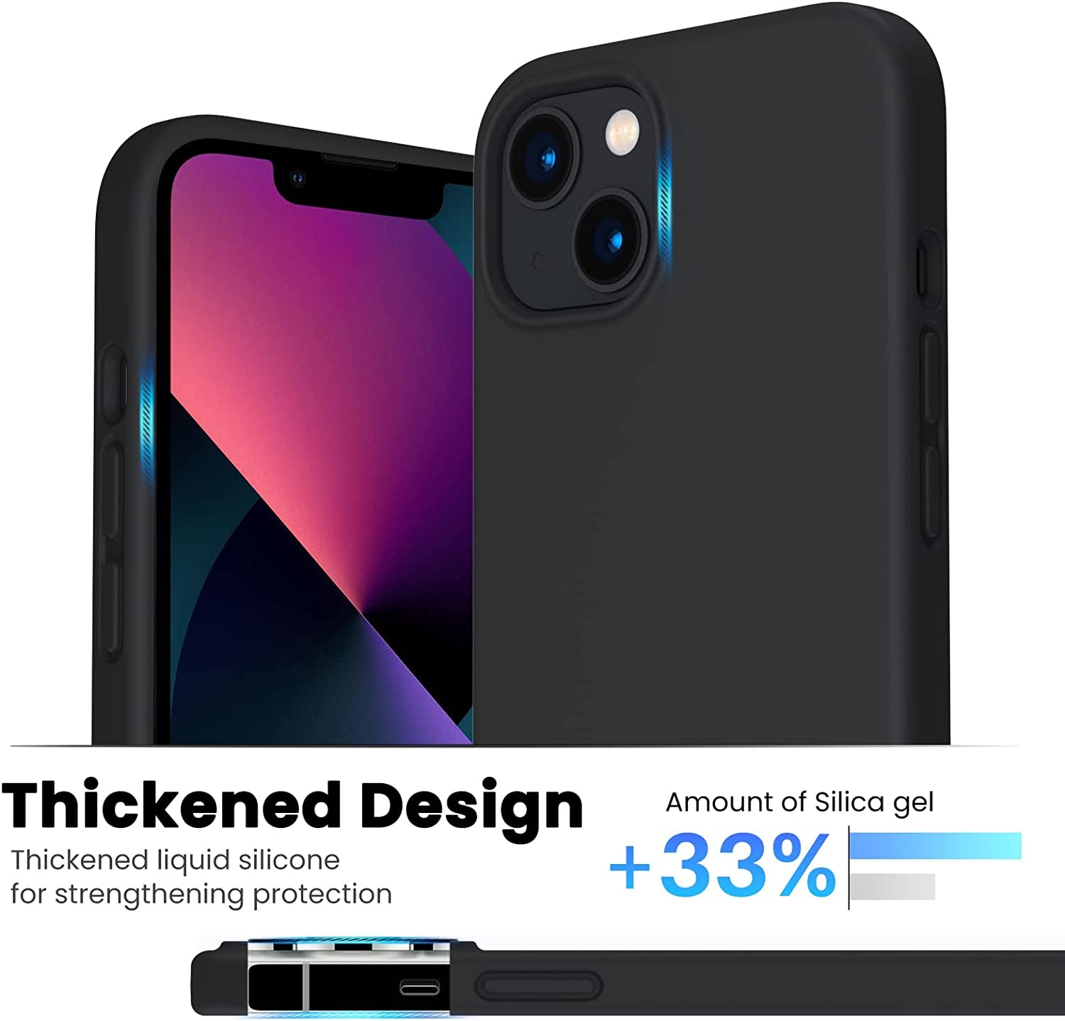 Shockproof Liquid Silicone Case for iPhone 13 - Gel Rubber Anti-Shock Cover with Drop Protection, 6.1 Inches, Black