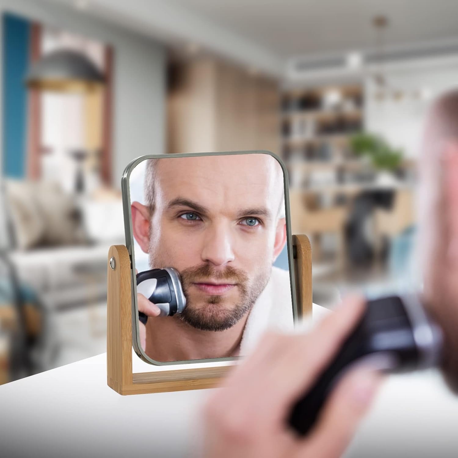 3X Double-Sided Magnifying Makeup Mirror with Bamboo Stand, Compact 360° Rotating Design, Ideal for Shower, Shaving, and Travel - Grey