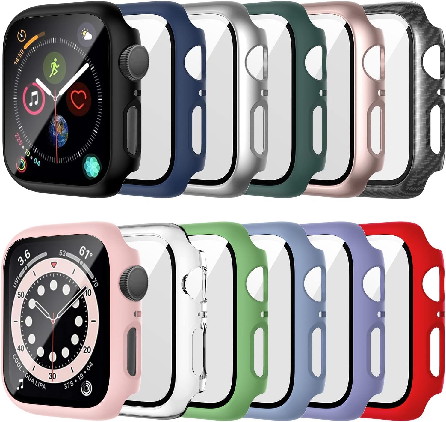 12-Pack Tempered Glass Screen Protector Case Compatible with Apple Watch 44mm SE 3 (2025)/SE 2/SE/Series 6/5/4, Hard PC Scratch-Resistant Bumper Protective Cover for iWatch Accessories