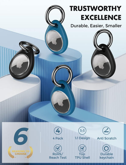360-Degree Protective Case for AirTag (1st & 2nd Generation) [4-Pack], TPU Full Coverage Keyring Holder with Premium Zinc Alloy Spring Clip, Scratch-Resistant Design for Keys, Bags, and Luggage