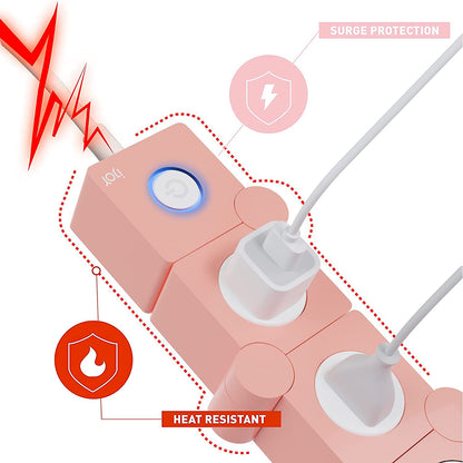 Flexible Power Strip with 3 AC Outlets and 2 USB Charging Ports, Pink Extension Cord, Surge Protection, Decorative Outlet Extender for Home and Office Use