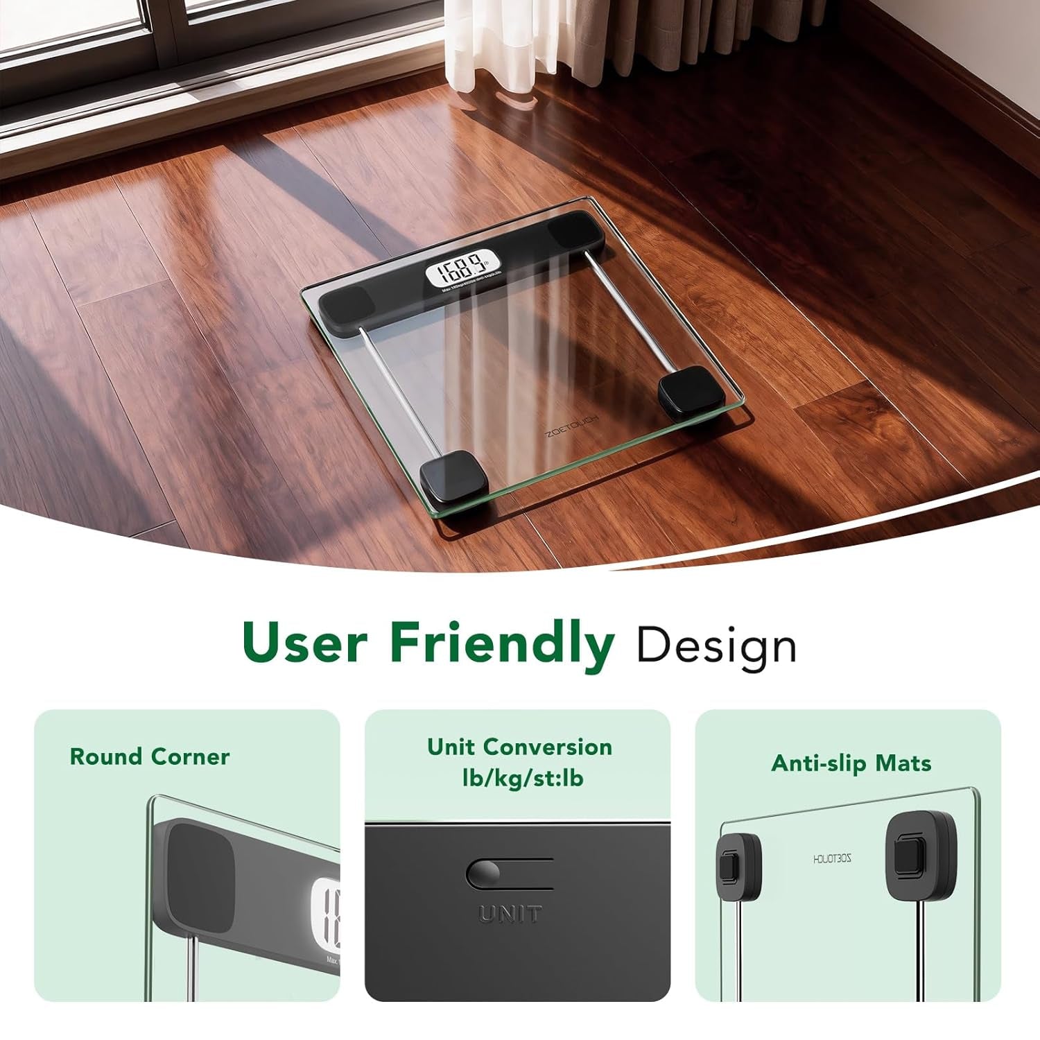 Digital Body Weight Scale with 400 lb Capacity, LCD Display, Step-On Technology, Tempered Glass, Includes Measuring Tape