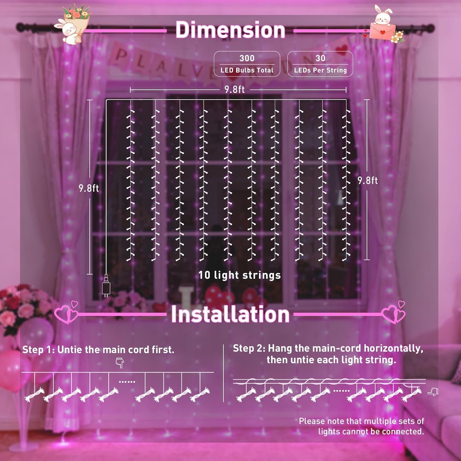 300 LED Pink Curtain Lights with Remote Control - Versatile Indoor/Outdoor Décor for Bedrooms, Parties, and Special Occasions, 9.8 x 9.8 Ft