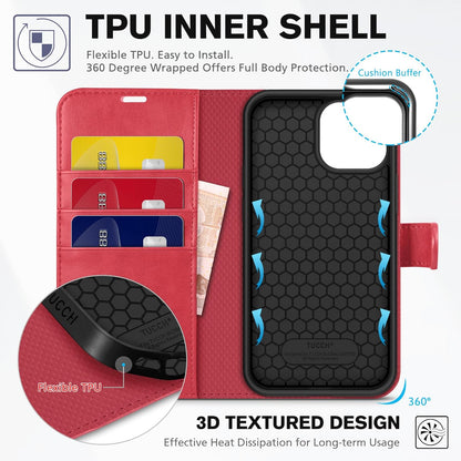 iPhone 13 6.1-Inch Wallet Case with RFID Blocking, Card Slots, Shockproof TPU Interior, PU Leather Magnetic Flip Cover - Red