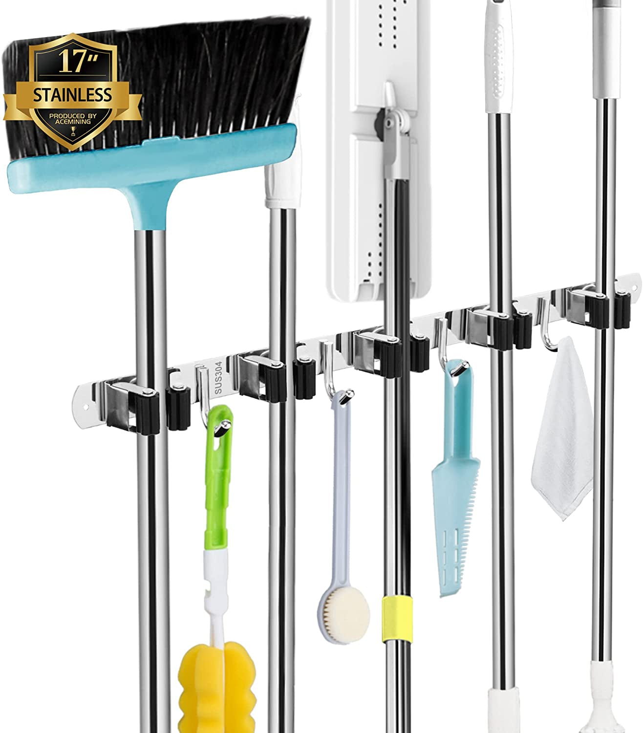 Heavy-Duty Stainless Steel Wall-Mounted Broom Holder with 5 Holders and 4 Hooks, Nail Installation and Self-Adhesive Storage Solutions