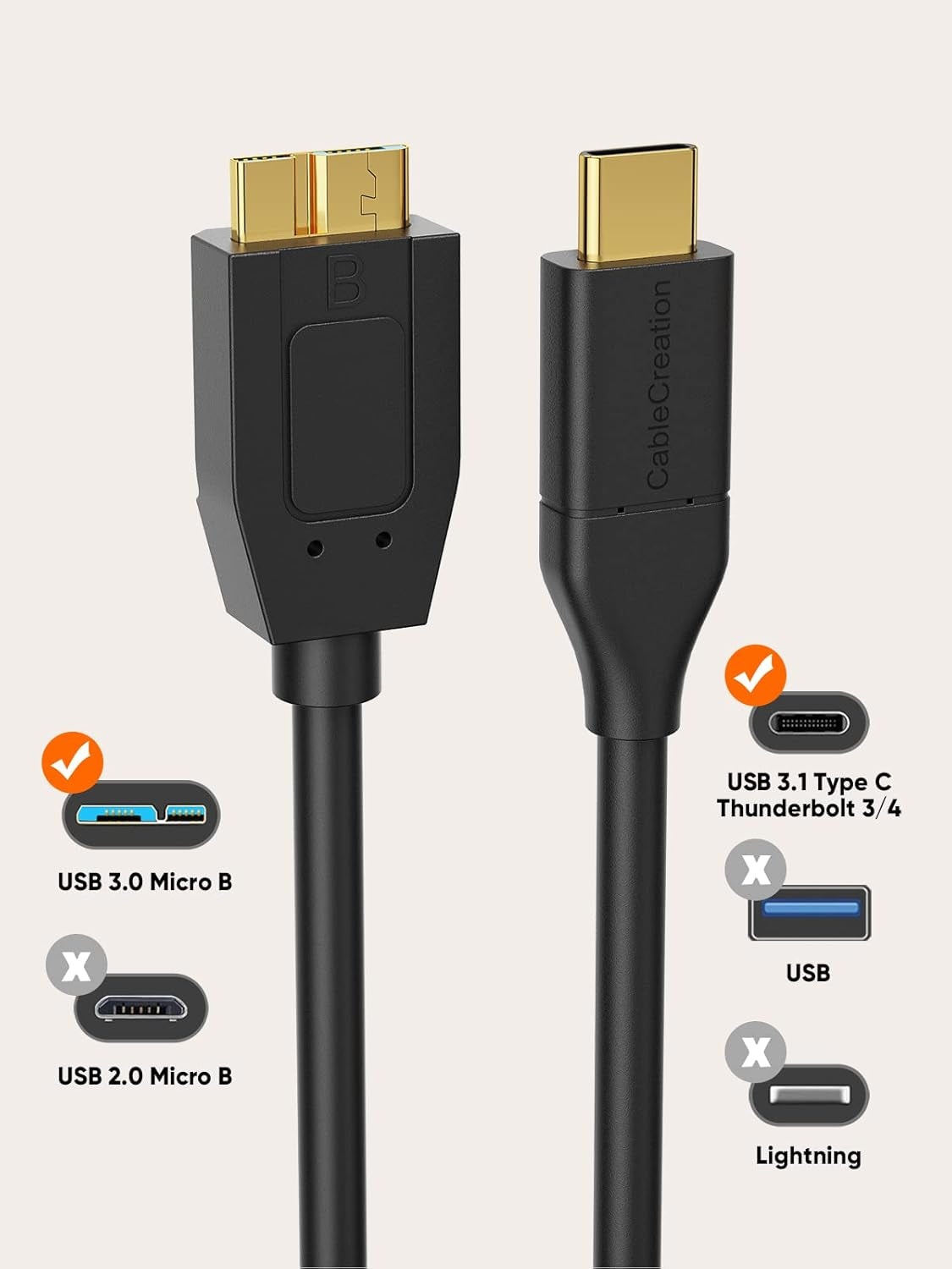 4FT USB-C to Micro B Cable, 10Gbps Data Transfer Speed, Braided Design, Compatible with iPhone 15/16, Seagate WD My Passport, MacBook Pro/Air, iPad/Tablet, Black
