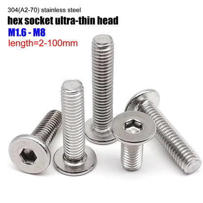 304 A2-70 Stainless Steel Ultra-Thin Hexagon Socket Allen Head Screws Available in Sizes M1.6 to M8