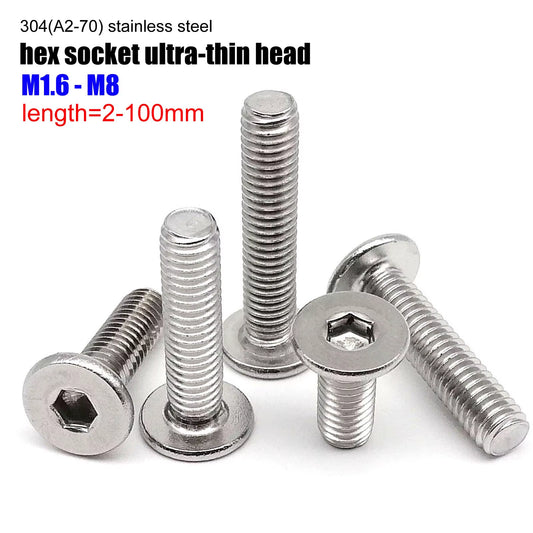 304 A2-70 Stainless Steel Ultra-Thin Hexagon Socket Allen Head Screws Available in Sizes M1.6 to M8