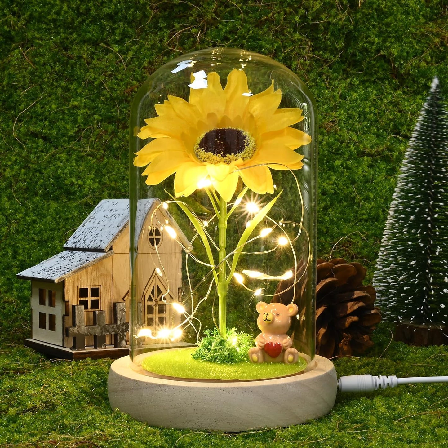 Elegant Artificial Sunflower in Glass Dome with LED Light - Perfect Gift for Women on Birthdays, Mother's Day, Valentine's Day, Anniversaries, and Christmas