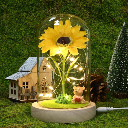 Elegant Artificial Sunflower in Glass Dome with LED Light - Perfect Gift for Women on Birthdays, Mother's Day, Valentine's Day, Anniversaries, and Christmas