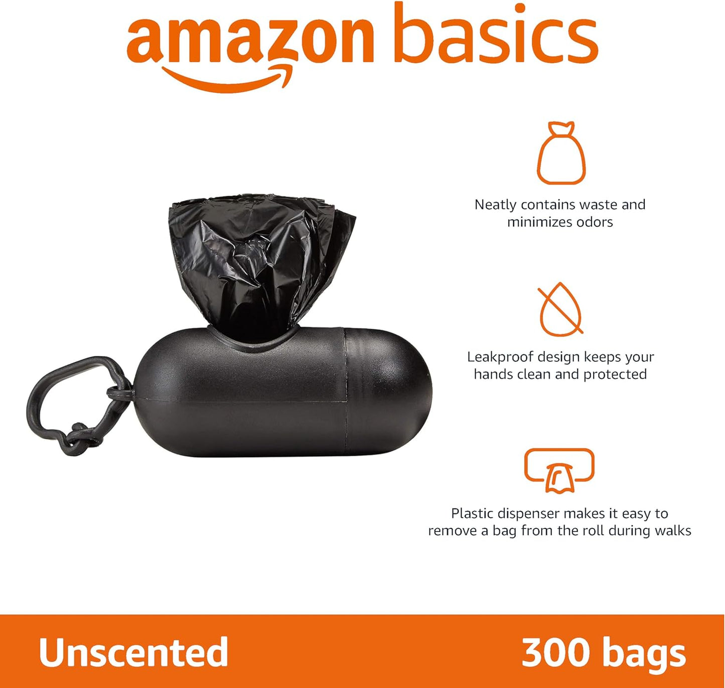 Dog Waste Disposal Bags with Dispenser and Leash Clip, Unscented, 300 Count (20 Packs of 15 Bags)