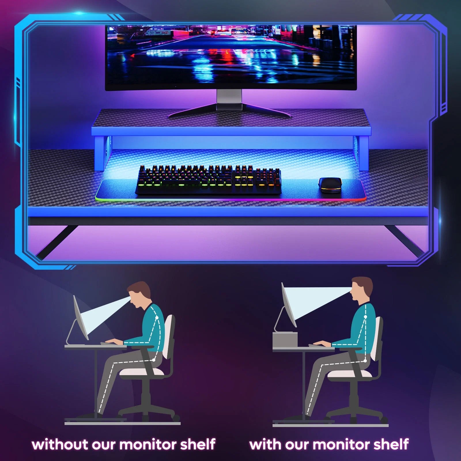 42-Inch Gaming Desk with LED Lights, Monitor Stand, Hook, and Cup Holder in Blue