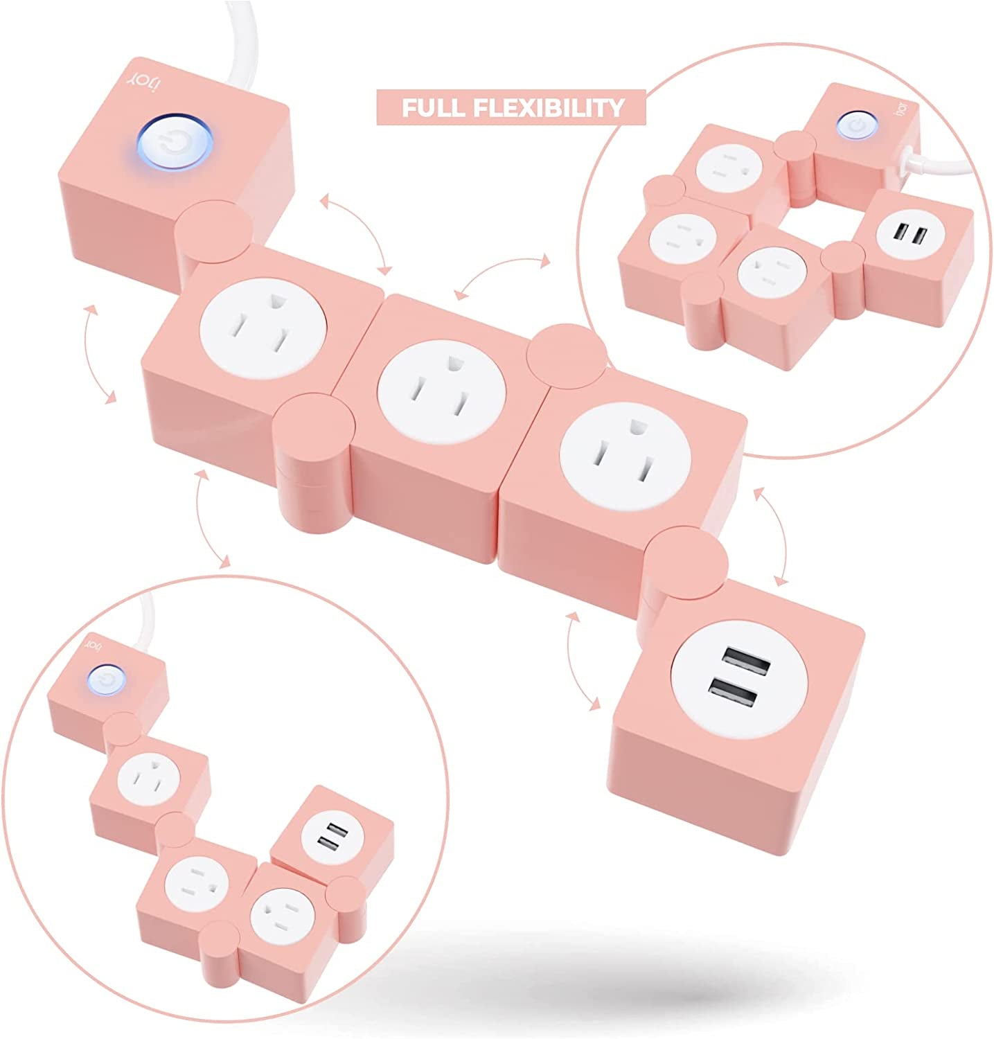 Flexible Power Strip with 3 AC Outlets and 2 USB Charging Ports, Pink Extension Cord, Surge Protection, Decorative Outlet Extender for Home and Office Use