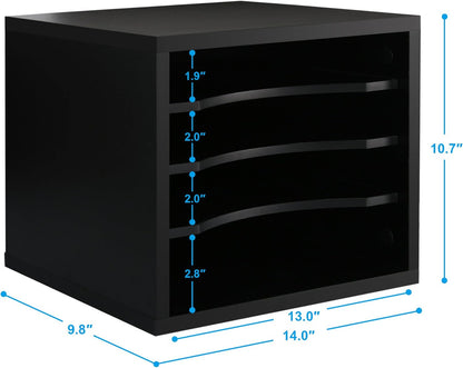 Wooden Desk Paper Organizer with Four-Tiered Storage, Adjustable Shelves for Document Sorting, Home Office File Holder in Black
