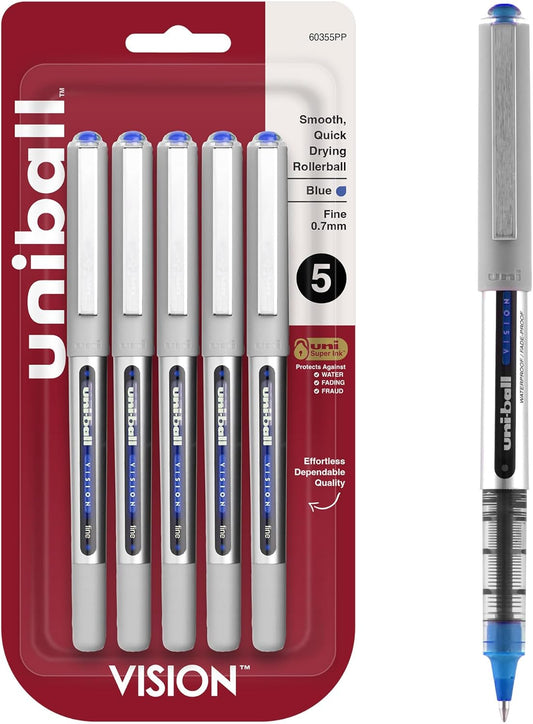 Uniball Vision Fine Point Rollerball Pens, 0.7mm, Blue, Set of 5