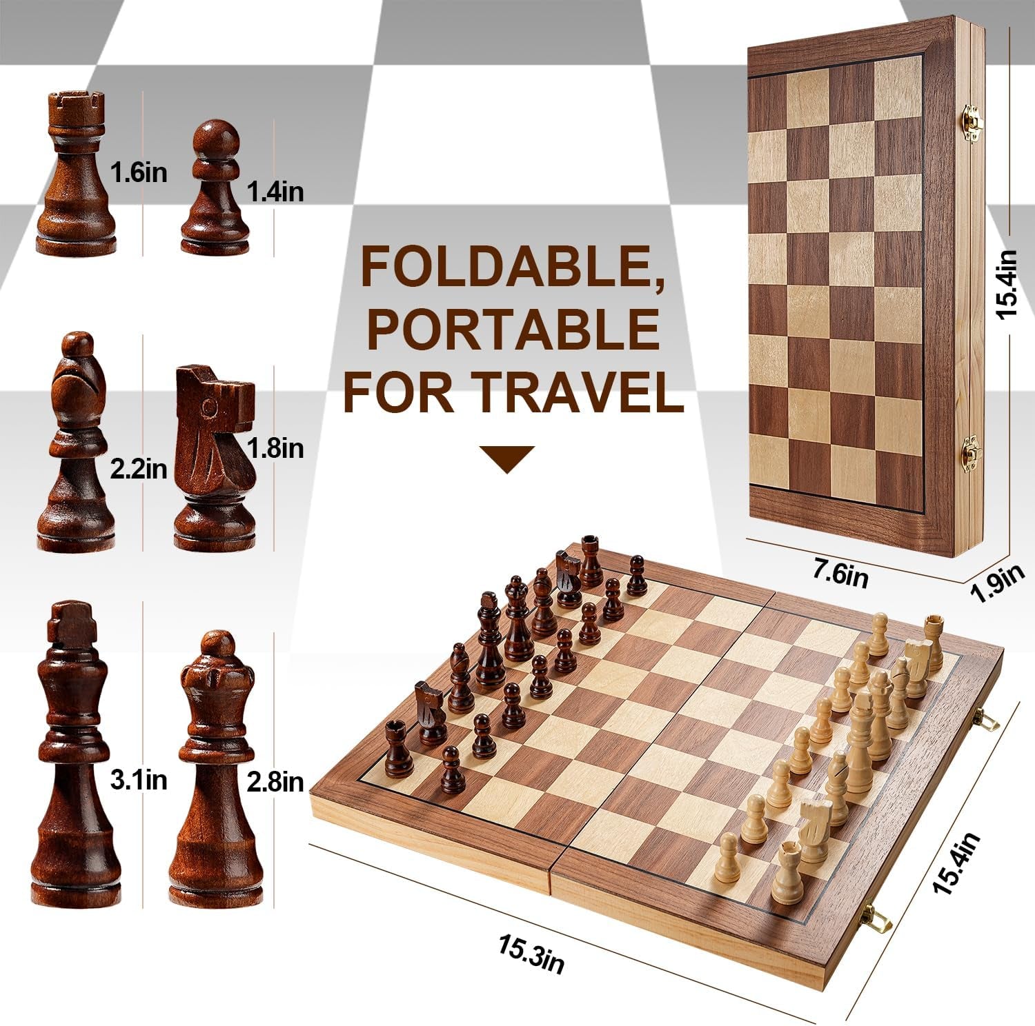 Premium 15" Wooden Magnetic Chess Set for Adults and Children, Handcrafted Folding Travel Board with Storage Slots and Additional Queens