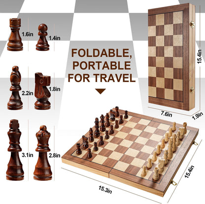 Premium 15" Wooden Magnetic Chess Set for Adults and Children, Handcrafted Folding Travel Board with Storage Slots and Additional Queens