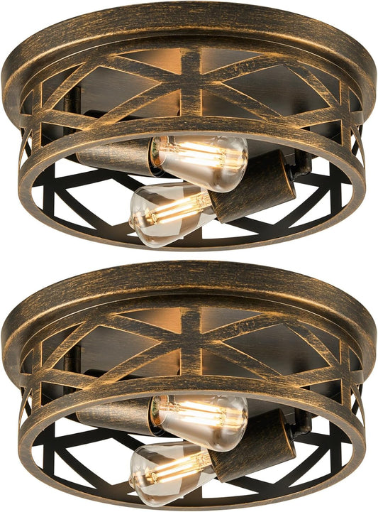 Flush Mount Ceiling Lights, 2-Light Hallway Lighting Fixtures, 11-Inch Farmhouse Metal Cage Design for Entryway and Kitchen, Adjustable Lamp Holders, ETL Certified, Set of 2, Oil-Rubbed Bronze Finish