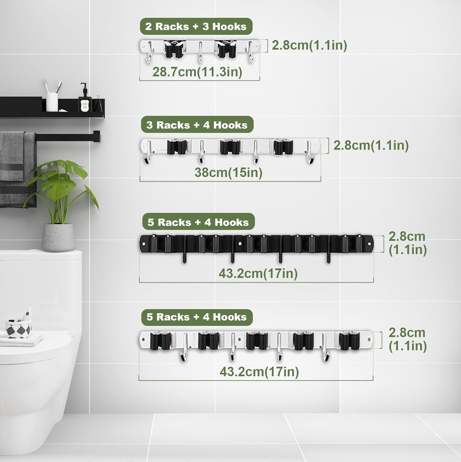 Heavy-Duty Stainless Steel Wall-Mounted Broom Holder with 5 Holders and 4 Hooks, Nail Installation and Self-Adhesive Storage Solutions