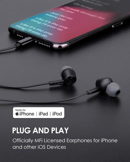 Apple MFi Certified Lightning Connector Earbuds with Microphone Controller for iPhone 14, 13, 12, 11 Pro Max, X, XS, XR, 8, 7 Plus - Sweetflow Black