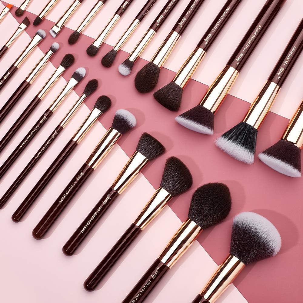 Professional 25-Piece Makeup Brush Set with Labeled Brushes for Powder, Foundation, Eyeshadow, Blending, Concealer, Blush, and Highlight - T280