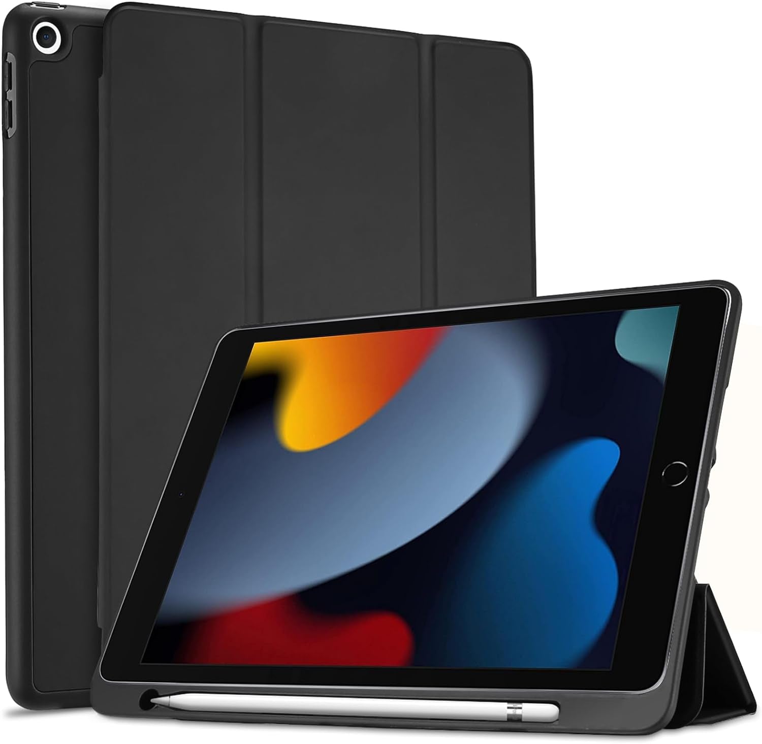 Smart Protective Case for iPad 10.2 (9th Gen 2021 / 8th Gen 2020 / 7th Gen 2019) with Pencil Holder, Soft TPU Back Cover, and Slim Stand - Black