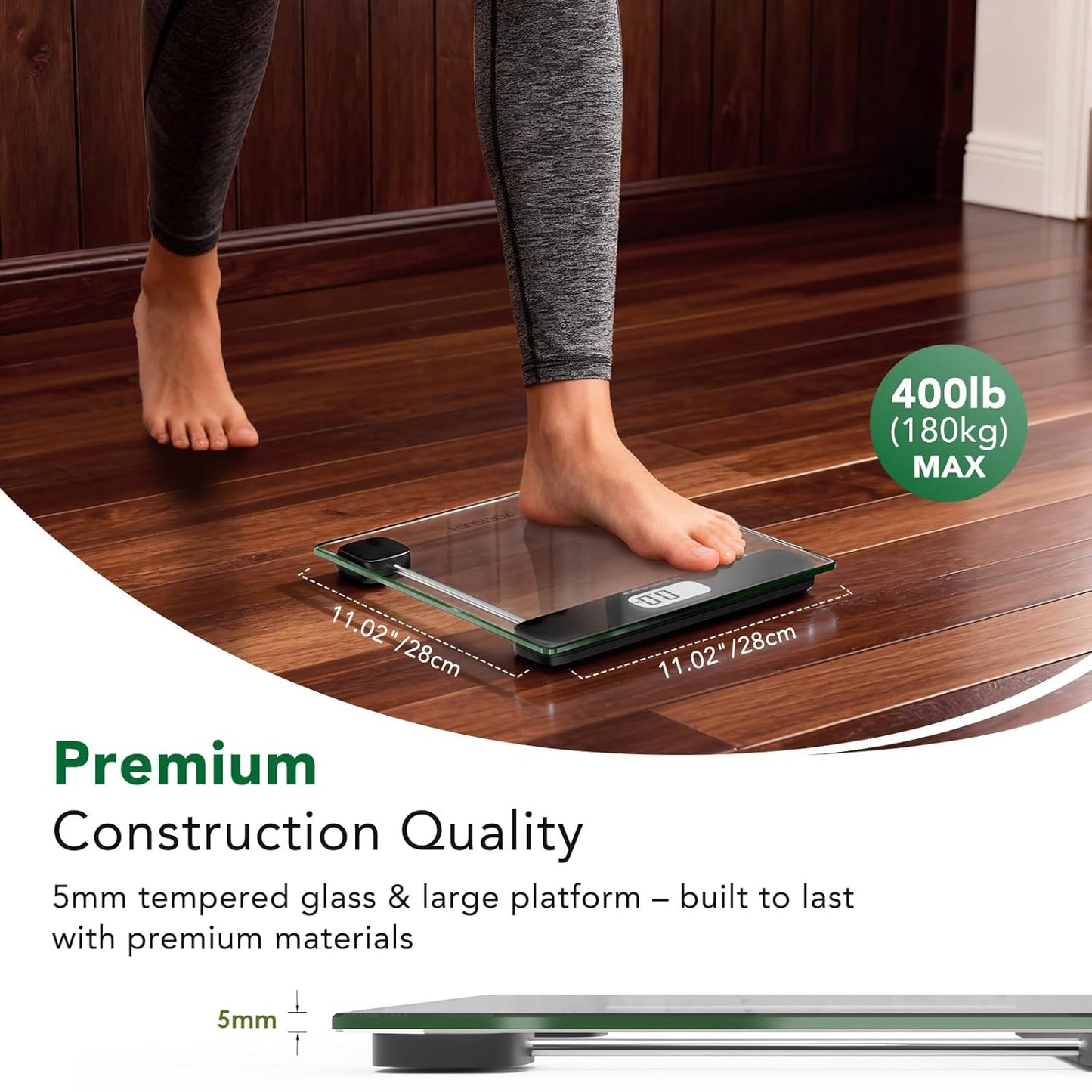 Digital Body Weight Scale with 400 lb Capacity, LCD Display, Step-On Technology, Tempered Glass, Includes Measuring Tape